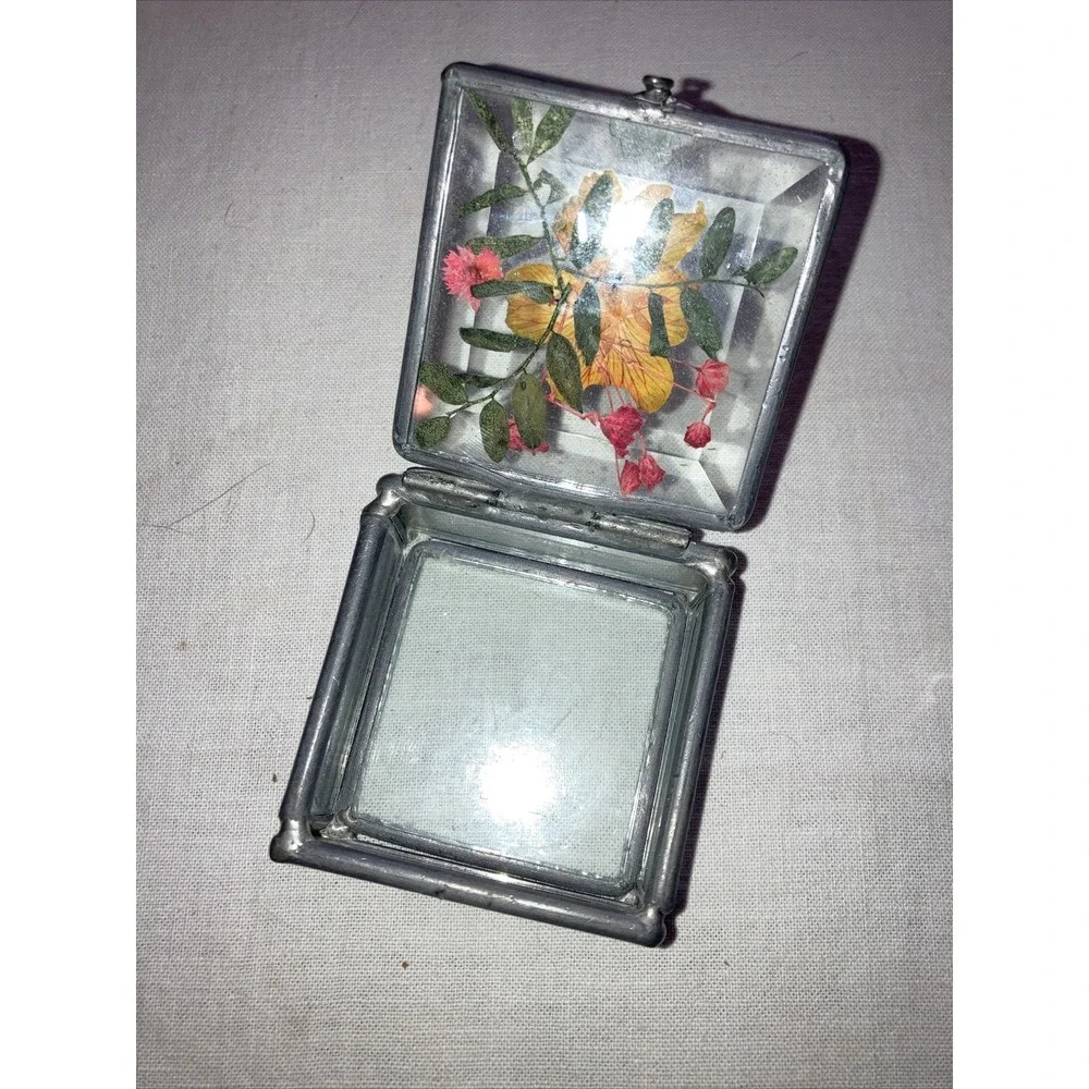 Vintage Square Jewelry/trinket Box Beveled Glass with‎ Pressed Flowers